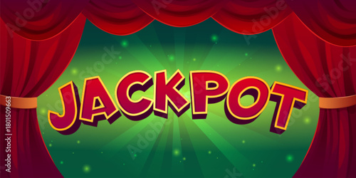 Jackpot win banner with bright neon sunburst green background and open red curtain. Casino winner sign with retro light effects. Vegas style gambling reward signboard for lottery and poker games.