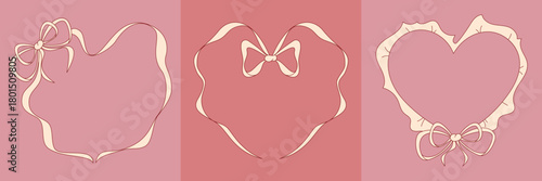 Heart frame with elegant bow and vintage lace borders in coquette pink design. Wedding inspired illustration with delicate ribbons and feminine ruffles. Hand drawn romantic sketch for valentine cards