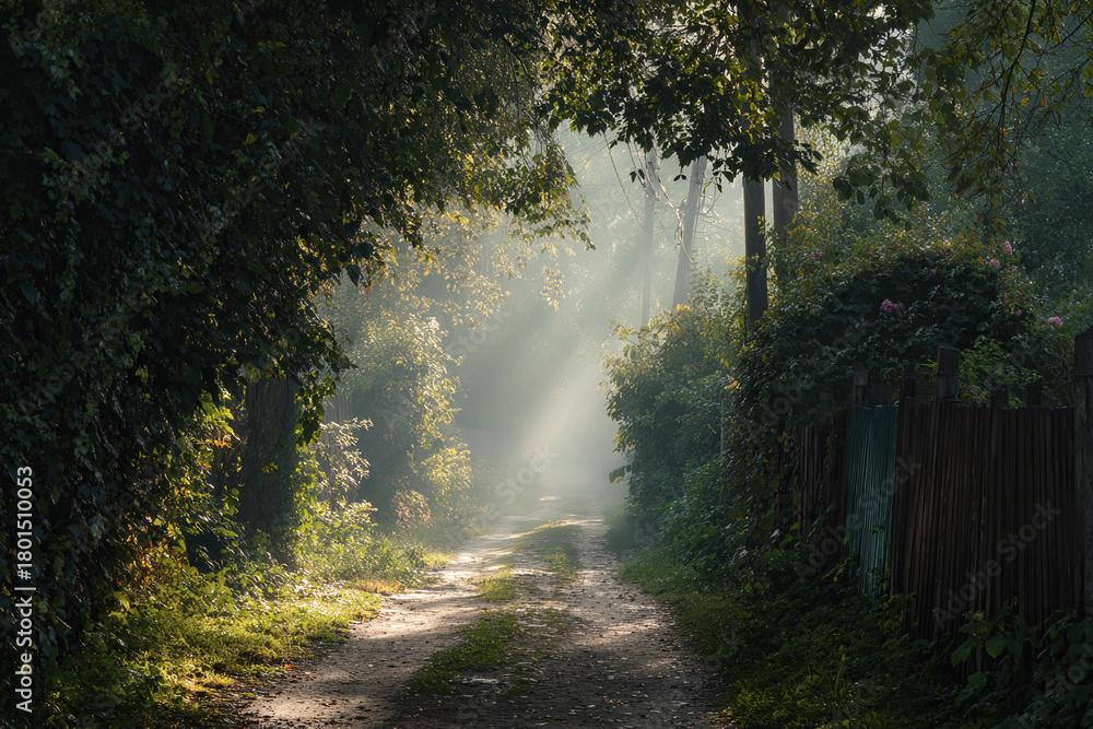 Obraz premium Sunlit path through lush greenery with soft morning light