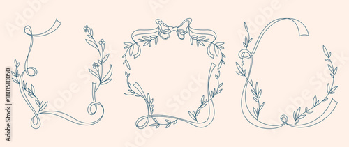 Elegant coquette frame with decorative floral elements and dainty ribbons. Vintage border design with whimsical flowers, botanical leaves and feminine bows. Romantic frame for wedding invitations