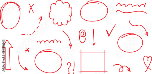  hand-drawn red marker or pencil-textured elements, including various arrows, circles, squares, and other emphasis marks. These are commonly used as vector graphics for annotations or design purposes.