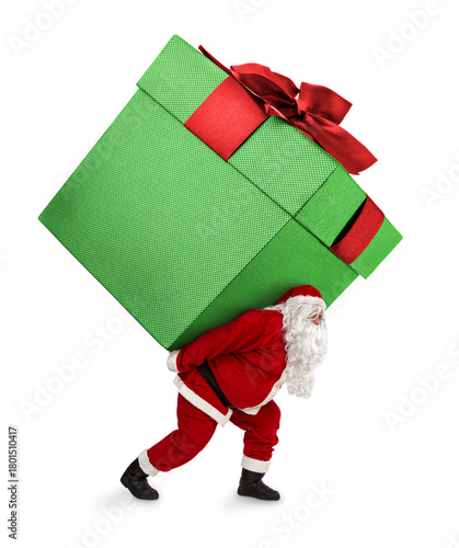 Santa Claus carrying huge christmas gift isolated on transparent background, png file