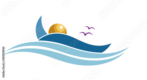 Stylized ocean wave design with sun and birds, symbolizing tranquility and nature.