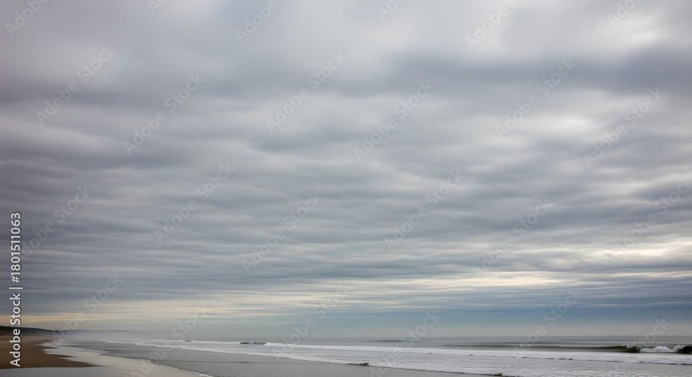Fototapeta premium Cloudy beachscape waves meet sandy shore beneath an overcast sky