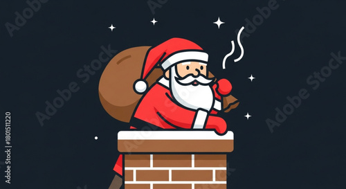 Santa claus with a sack on his back, climbing down the chimney, a charming illustration of the christmas spirit, perfect for holiday cards and decorations