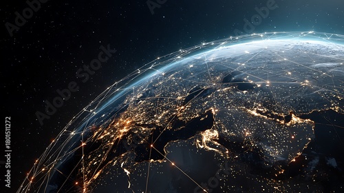 Earth From Space with Global Network Connections Showing City Lights