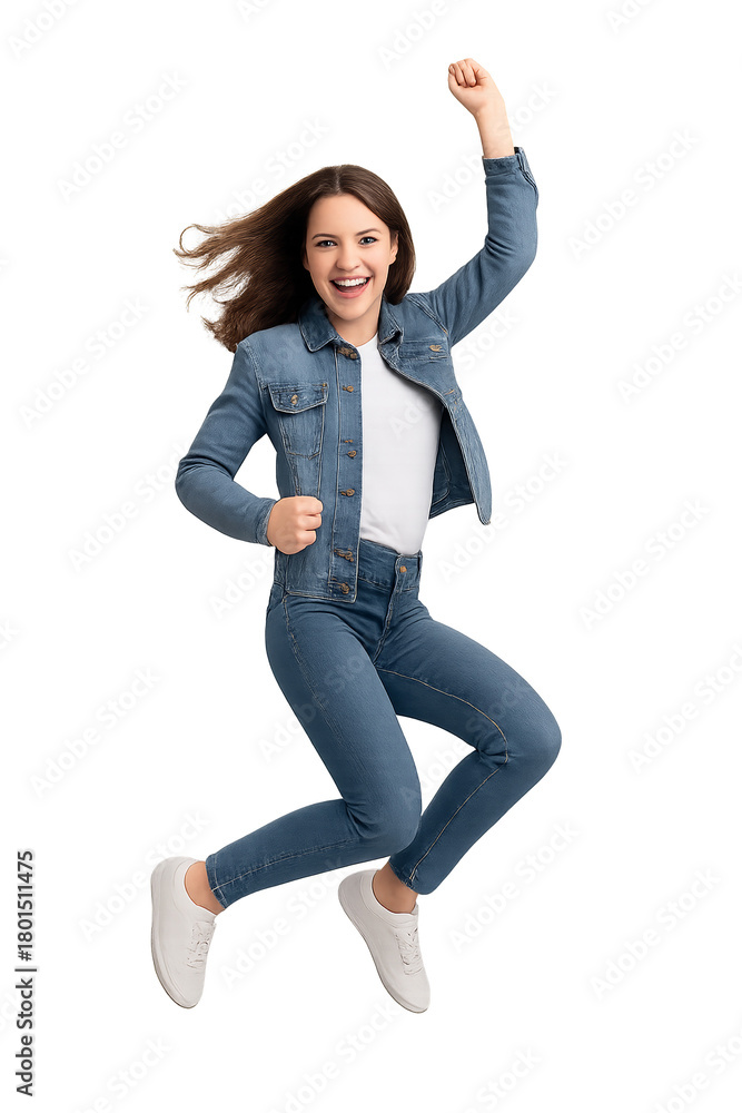 Obraz premium Happy woman jumping with raised arms showing excitement and joyful energy