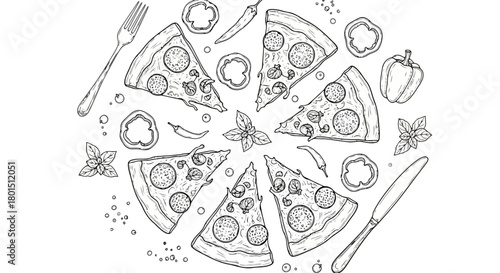 Hand drawn illustration of pepperoni pizza slices