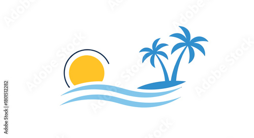 Tropical beach scene with sun, waves, and palm trees illustration.