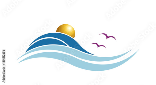 Stylized Wave Illustration with Sun and Birds for Logo Design.