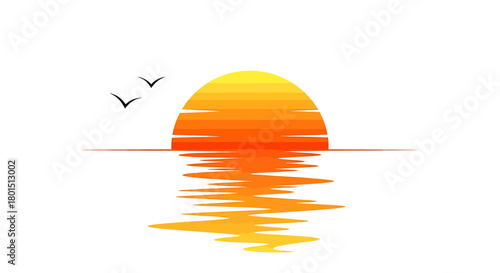 Sunset Over Water with Birds Silhouette Vector Illustration.