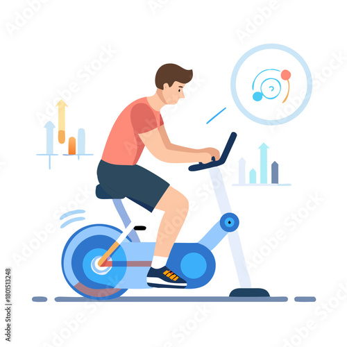 Young man during workout on a smart exercise bike. A scientific approach to training for maximum performance.
