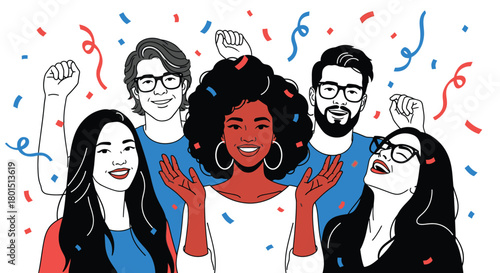 Diverse group celebrating success achievement party illustration