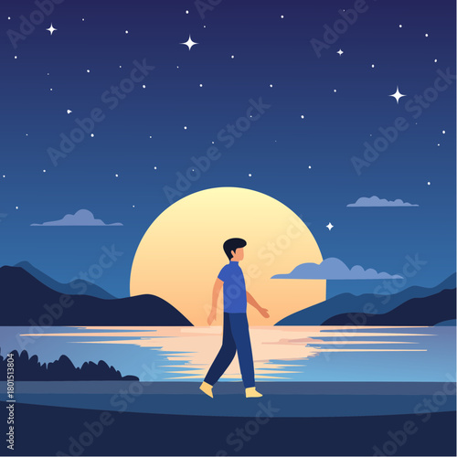 solitude concept art. single lifestyle man walking alone in the night.