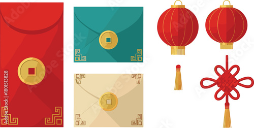 Chinese New Year icon set—red envelopes, lanterns, and knot ornament with gold seals for prosperity and festive celebration visuals 