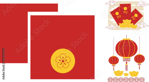 Chinese New Year icon set—red envelopes, lanterns, koi fish, gold ingots, and 福 symbols for prosperity and festive visuals