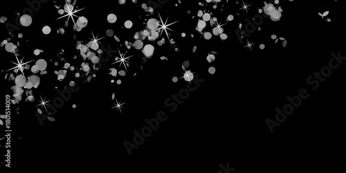Black white star abstract background. Falling snowflakes on black background. Star dust effect with white glitter light. Silver star of confetti. Falling starry background. Beautiful Christmas Bg.