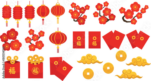 Chinese New Year icon set—lanterns, plum blossoms, red envelopes, gold coins, and clouds for prosperity and festive celebration visuals 
