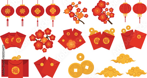 Chinese New Year icon set—lanterns, plum blossoms, red envelopes, gold coins, and clouds for prosperity and festive celebration visuals