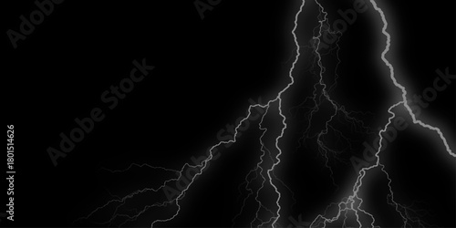 Lightning Effect Overlay, Isolated Electric Thunderstorm Bolt Strikes on Dark Night Sky Background, Gray lightning bolts radiate inward, forming a dynamic abstract design on black, thunder, 