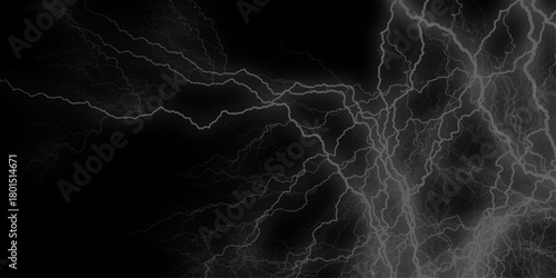 Lightning Effect Overlay, Isolated Electric Thunderstorm Bolt Strikes on Dark Night Sky Background, Gray lightning bolts radiate inward, forming a dynamic abstract design on black, thunder, 