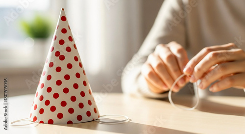 Woman preparing party hat while tying elastic band at home  