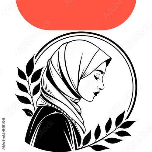 Elegant Hijab Woman Profile – Minimalist Black and White Vector Illustration.