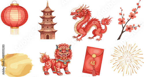 Chinese New Year icon set—lantern, pagoda, dragon, cherry blossoms, guardian lion, fireworks, and 福 envelope for festive celebration visuals