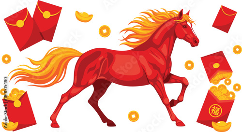 Year of the Horse celebration vector—red horse with gold ingots, coins, and 福 envelopes for Chinese New Year prosperity visuals