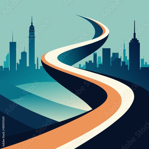 Abstract winding road leading to a stylized city skyline at dusk