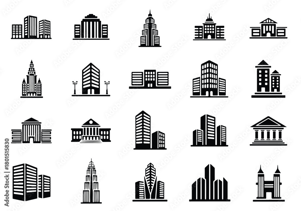 Obraz premium Modern city architecture and diverse building icons - Vector icon symbol for website - Icon vector - Blue icon vector - Flat Design Icon