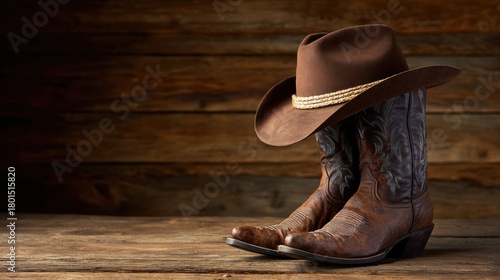 Cowboy boots and hat arranged on a rustic wooden surface in a warm, inviting atmosphere