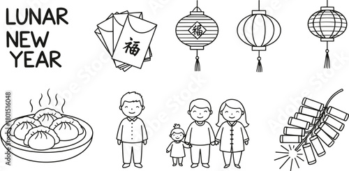 Lunar New Year line art vector—red envelopes, lanterns, dumplings, firecrackers, and family for cultural celebration and festive storytelling 