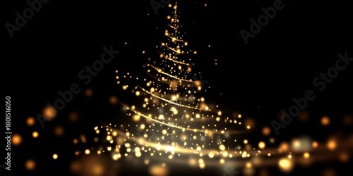 Glistening golden lights swirl to form a stunning Christmas tree shape against a dark backdrop, creating a magical and festive atmosphere for the holiday season.

