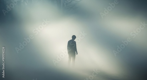 A solitary figure standing amidst a foggy and mysterious landscape, creating a sense of solitude and contemplation in a serene environment