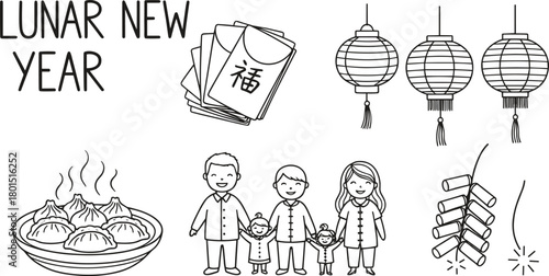 Lunar New Year line art vector—red envelopes, lanterns, dumplings, firecrackers, and family for festive celebration and cultural storytelling