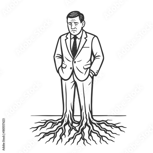 man in a suit with tree roots growing from his legs, being stuck, stagnant, or deeply tied down sketch engraving generative ai fictional character vector illustration. Scratch board. Black and white.