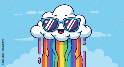 Cute cloud wearing sunglasses with rainbow waterfall on a blue sky day