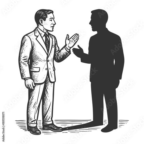 man in a suit standing face-to-face with his dark silhouette, symbolizing introspection and identity sketch engraving generative ai vector illustration. Scratch board. Black and white image.