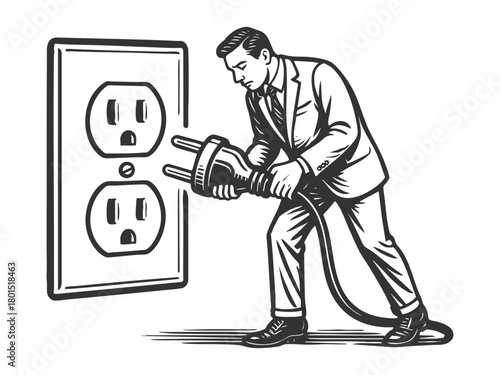 businessman pulling giant plug from socket, disconnection, burnout, or breaking free sketch engraving generative ai fictional character vector illustration. Scratch board. Black and white image.