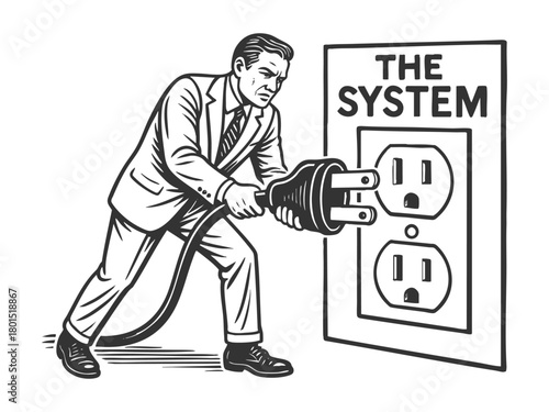 businessman forcefully plugging giant cable into an outlet, symbolizing conformity or dependence sketch engraving generative ai fictional character vector illustration. Scratch board. Black and white.