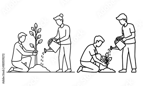 People planting new trees and watering saplings, environmental care line art