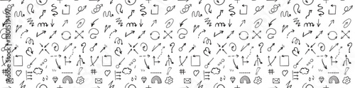 Seamless hand drawn pattern with arrows, hearts, squiggles, vector background for decorative designs, simple black white icons.