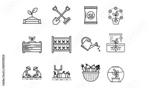 Gardening and planting line art icons set; agriculture tools, growth, harvest