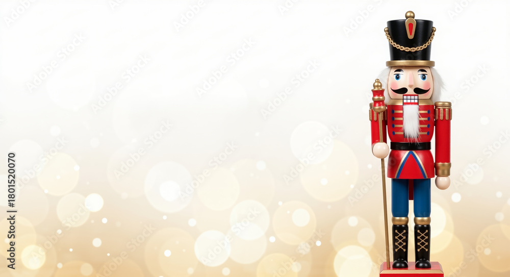 Naklejka premium A traditional wooden nutcracker soldier as a Christmas decoration. Festive holiday background with golden bokeh for a banner or greeting card