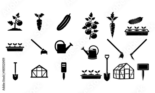 Horticulture silhouettes: gardening tools and various vegetable plants icons