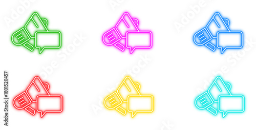 Neon advertising promotion icons vector set. Bright glowing colorful outline vector megaphone and chat message bubble symbols.