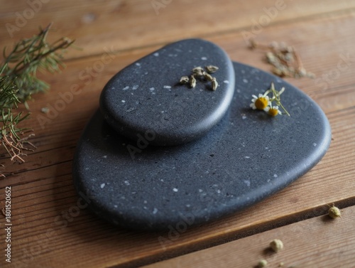Two dark grey speckled stone platters with herbs on a wooden surface