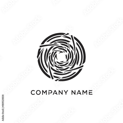 Abstract circular logo design with swirling lines and company name.