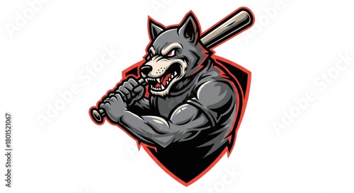Aggressive Gray Wolf Holding Baseball Bat on Black Shield Logo